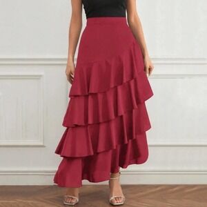 Red Tiered Ruffle Asymmetrical Maxi Skirt High Waisted Size Large